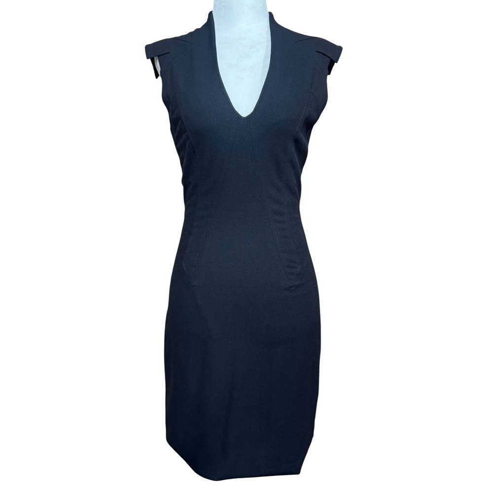 Helmut Lang Women's Black V Neck‎ Full Zip Fitted Sheath Dress SZ 2